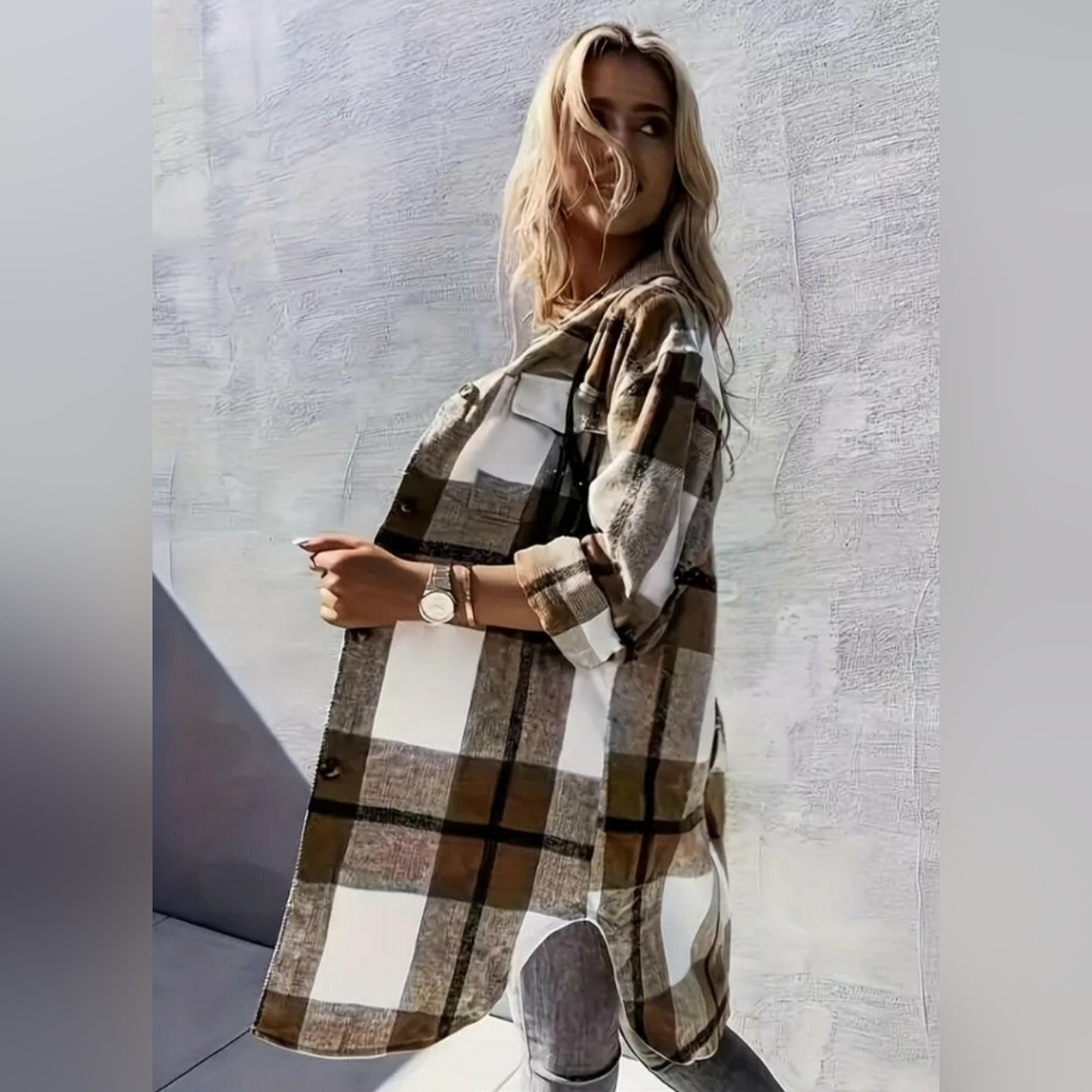 NWT Briwn Plaid Long Plaid Shirt Jacket - Picture 3 of 3